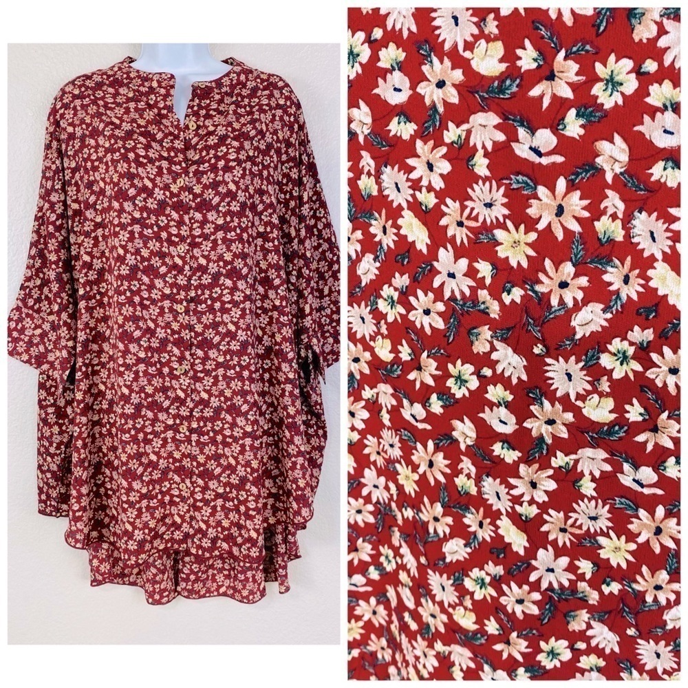 Natural Life Maroon Ditzy Floral Button Up Tunic OS
